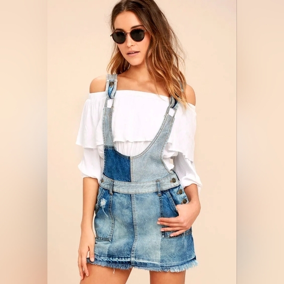 NWT Free People Patchwork Blues Denim Pinafore Overall One-Piece Mini Dress 2 - Picture 1 of 11